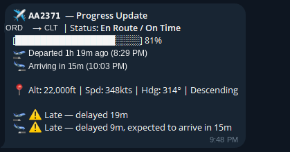 Flight Sitter progress update in Telegram